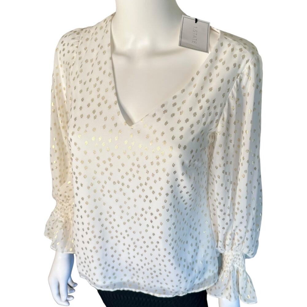 work wear Glam Metallic Gold polka dot poet sleeves VNeck Blouse extra small NWT